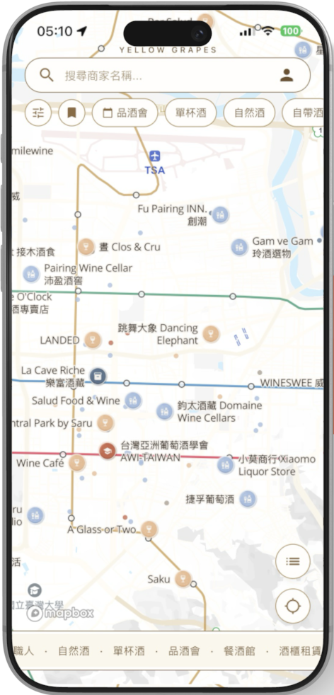 Yellow Grapes app showing a map of wine merchants across Taipei, Taiwan